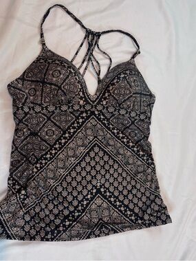 Athleta Swimsuit Tankini Top Sz L Gray Tan Geometric Floral Adjustable Straps